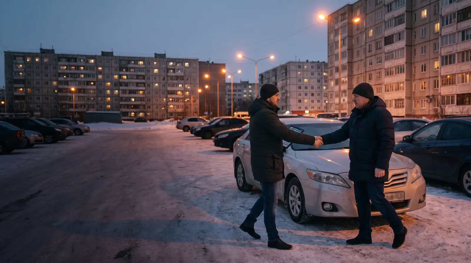 Оценщик выкупа подходит к серебристой Toyota Camry во дворе в Сургуте, владелец встречает его