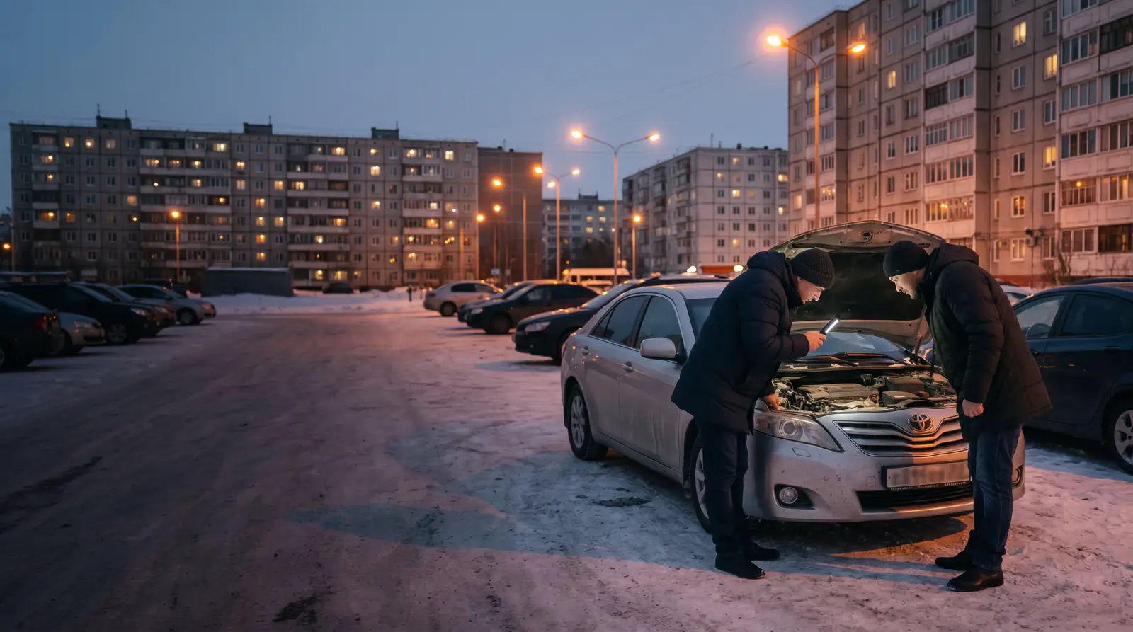 Оценщик осматривает двигатель под открытым капотом, владелец автомобиля стоит рядом