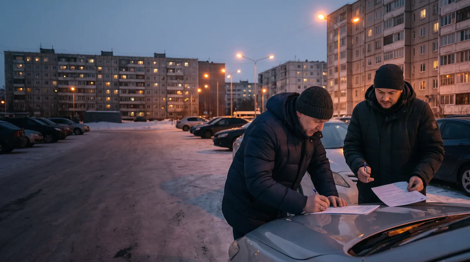 Владелец подписывает договор купли-продажи автомобиля на капоте, оценщик держит второй экземпляр