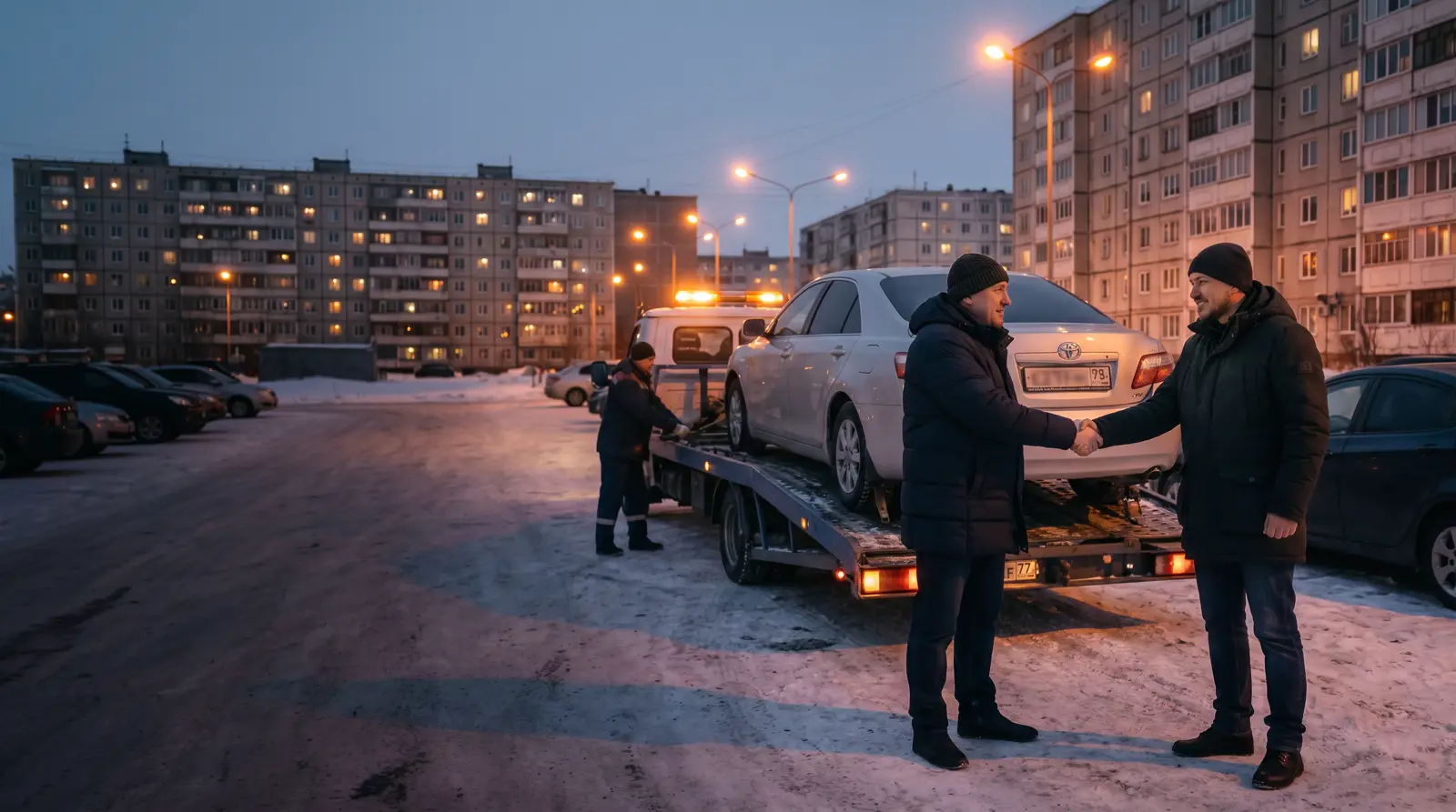 Рукопожатие владельца и оценщика, на заднем плане автомобиль грузят на эвакуатор