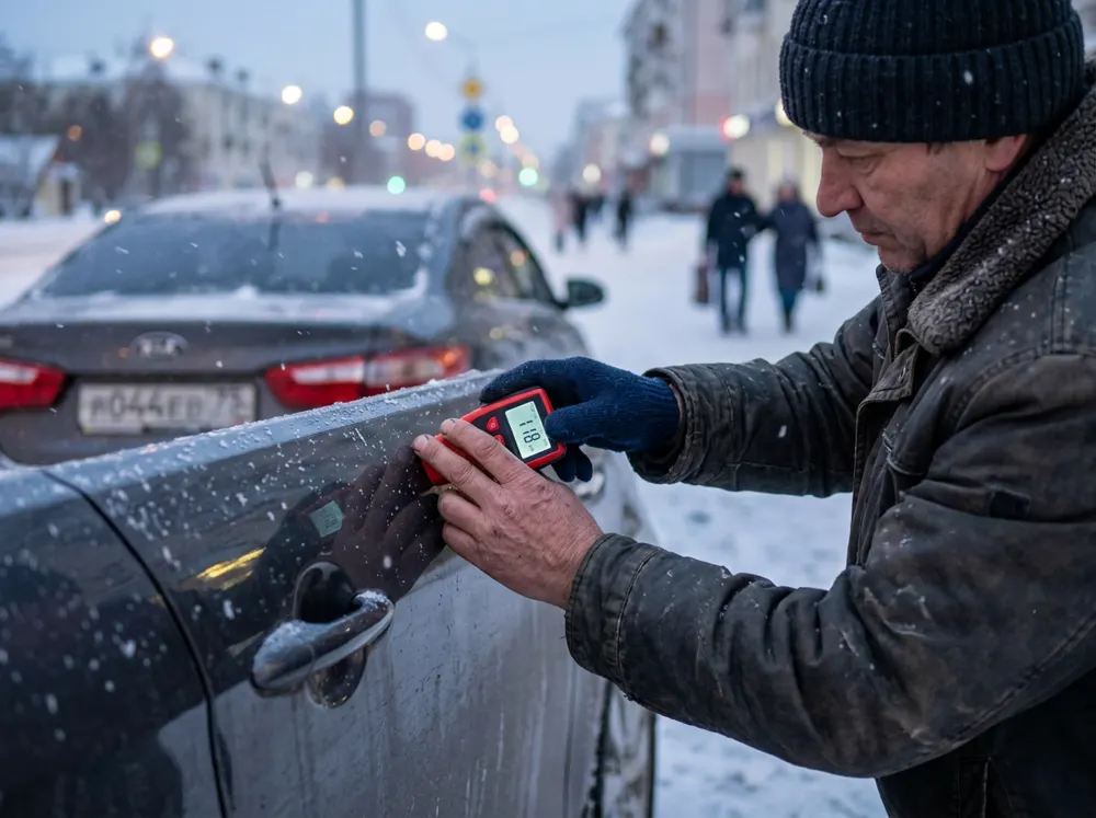 Проверка кузова автомобиля толщиномером перед выкупом