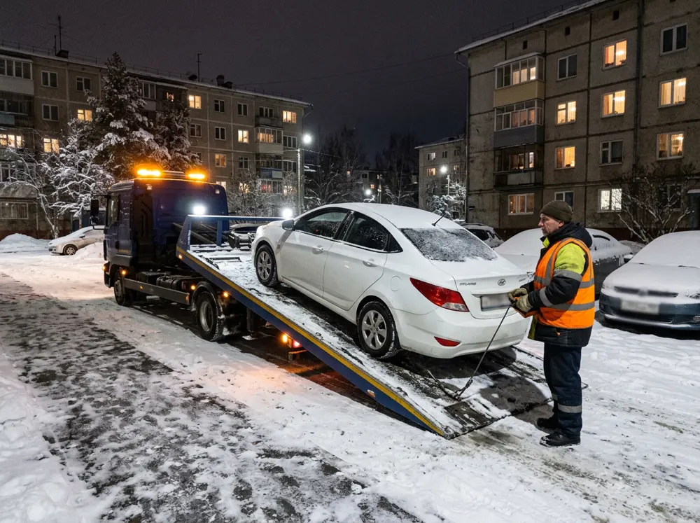 Эвакуатор увозит выкупленный автомобиль не на ходу