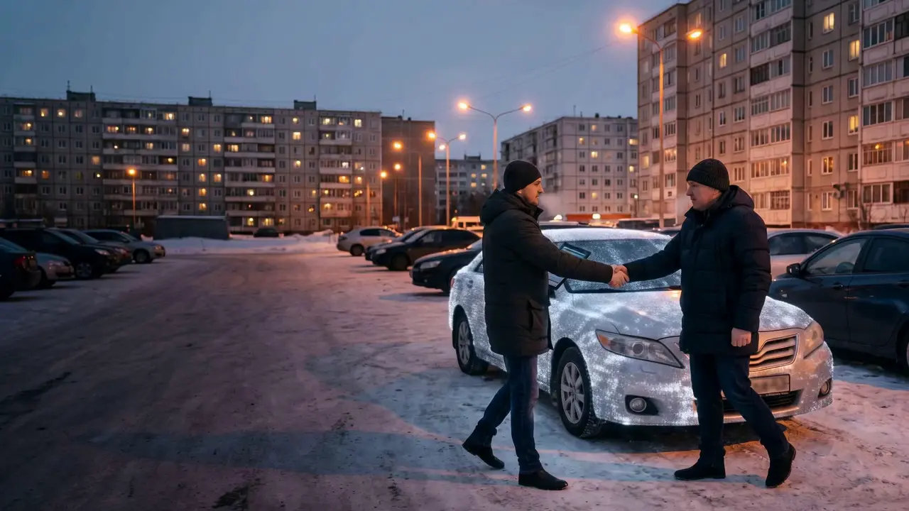 Оценщик выкупа и владелец автомобиля у Toyota Camry во дворе Сургута вечером